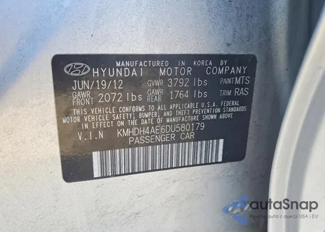 2013 Hyundai Elantra Gls z USA, uszkodzony, nr VIN KMHDH4AE6DU580179